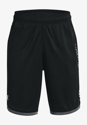 Pantalones cortos deportivos negros con cintura elástica, bolsillos laterales y acentos grises en el dobladillo. Cuenta con un logo impreso en blanco en el lateral.