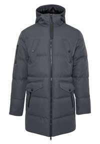 Gepolsterte dunkelgraue Parka mit hohem Kragen, Reißverschluss vorne, zwei oberen Klappentaschen und einer seitlichen Reißverschlusstasche. Strukturiertes Material mit Steppdetails.