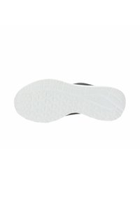 Schwarze Sport-schuhsohle mit einem strukturierten weißen Gummidesign, das ein geometrisches Muster für Traktion aufweist. Glatte Kanten und verstärkte Abschnitte.