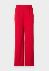 Pantalons larges rouges avec un devant plissé, fabriqués en tissu lisse, présentant une taille plate et sans fermetures ni poches visibles.