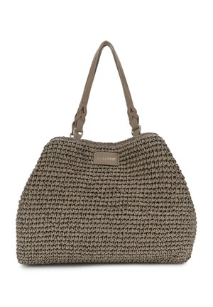 Borsa tote intrecciata color taupe con manici intrecciati e una piccola targhetta rettangolare con il logo "CAFèNOIR" centrata sulla parte anteriore.