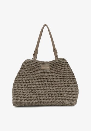 Taupekleurige geweven draagtas met gevlochten handvatten en een klein rechthoekig logoplaatje met de tekst "CAFèNOIR" in het midden aan de voorkant.