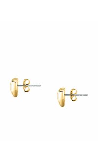 Orecchini a perno in tono oro con un design liscio e arrotondato. Presentano un perno di metallo argentato e un doppio supporto in gomma per un'indossatura sicura.