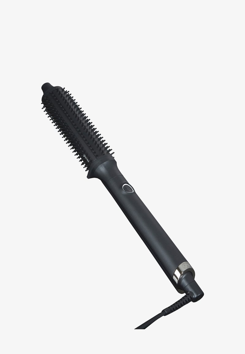 Brosse à cheveux ronde électrique noire chauffante avec poils, bouton unique et cordon d'alimentation incliné à la base.