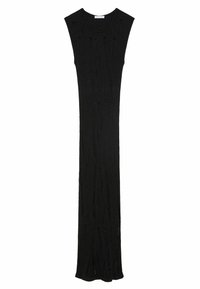 Abito senza maniche in maglia nera con un design aderente, caratterizzato da linee verticali testurizzate e piccoli ritagli sparsi. Lunghezza lunga.