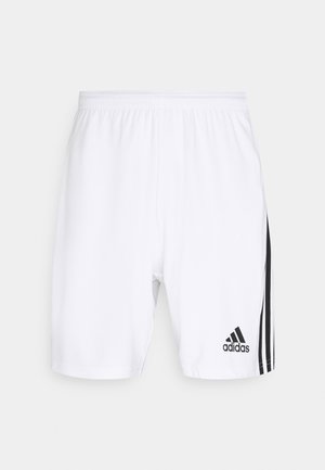 White sports shorts with an elastic waistband, featuring black side stripes and a small black Adidas logo near the hem.