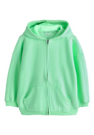 Mintgrüner Kapuzenpullover mit Reißverschluss, vorderen Taschen, gerippten Bündchen und Kapuze, auf weißem Hintergrund dargestellt.