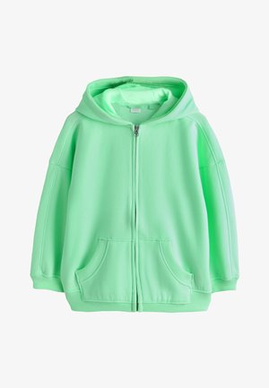 Mintgrüner Kapuzenpullover mit Reißverschluss, vorderen Taschen, gerippten Bündchen und Kapuze, auf weißem Hintergrund dargestellt.