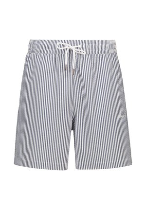 Costume da bagno a righe in navy e bianco. Realizzati in tessuto leggero, con vita elastica, chiusura con cordino e tasche laterali.