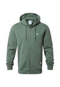 Green zip-up hoodie made from soft fabric. Features a front zipper, two front pockets, and a drawstring hood. Small logo on chest.