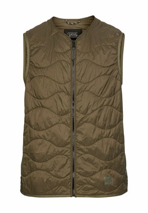 Oliwkowa bezrękawnik z pikowanej tkaniny, z okrągłym dekoltem i zamkiem błyskawicznym z przodu. Posiada falisty wzór przeszyć oraz małe logo marki na dole.