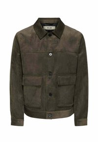 Giacca in corduroy marrone con colletto, chiusura frontale con bottoni e due tasche a pattina. Presenta una finitura texturizzata e dettagli a coste all'orlo e ai polsini.