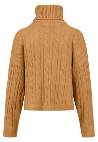 Pull à col roulé en maille torsadée couleur chameau, manches longues, poignets et ourlet côtelés, vu de dos.