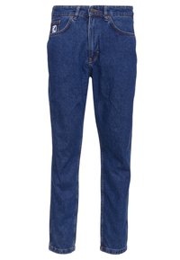 Jeans i mörkblå denim. Har rak benkjol, fem fickor, knäppning med knapp och kontrasterande sömmar. Etikett på övre vänstra fickan.