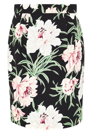 Jupe crayon noire avec grand imprimé floral blanc et rose et feuilles vertes.