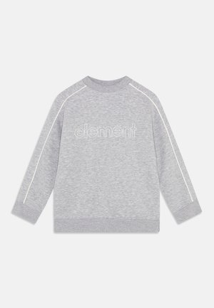 Šedá mikina s raglánovými rukávmi, rebrovanými manžetami a spodným lemom, s vyšitým nápisom "element" na prednej strane. Má hladkú textúru.