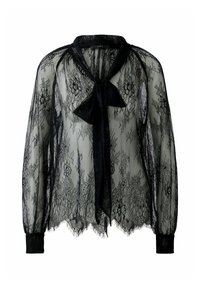 Schwarze Spitzenbluse mit langen Ärmeln, transparenter Textur, Schleifenverschluss am Hals und gewelltem Saum. Mit floralem Spitzenmuster durchgehend.