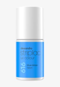 Bouteille en verre bleu de vernis à ongles UV avec un capuchon blanc, étiquetée "striplac" et "blue blaze neon," indiquant la teinte 616. Texture lisse.