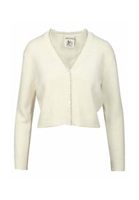 Cardigan accorciato color crema con scollo a V, in tessuto texturizzato e sei bottoni sul davanti, con un delicato orlo scallop.