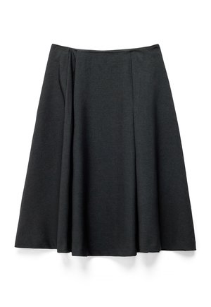 Zwarte A-lijn rok met subtiele plooien, knielengte, gemaakt van gladde stof, afgebeeld tegen een witte achtergrond.