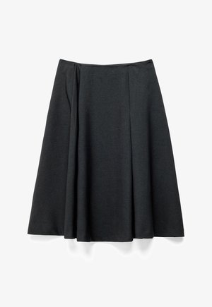 Zwarte A-lijn rok met subtiele plooien, knielengte, gemaakt van gladde stof, afgebeeld tegen een witte achtergrond.