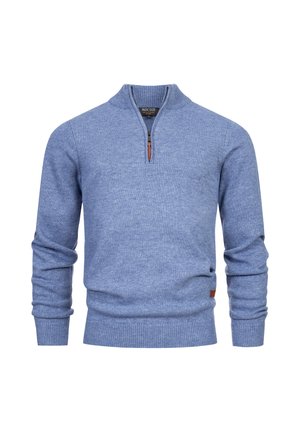 Pullover in azzurro chiaro realizzato in tessuto a maglia, con colletto a mezza zip, polsini a coste e una piccola etichetta in pelle sul bordo.