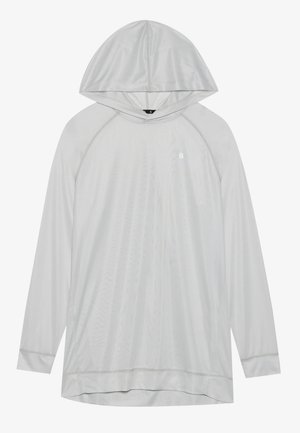 Felpa a maniche lunghe grigia chiara realizzata in tessuto traspirante, con cappuccio, maniche raglan e un sottile logo sul petto.