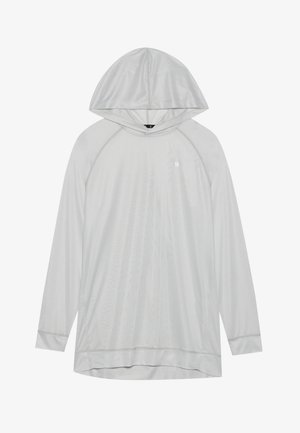 Haut à capuche long et gris clair en tissu respirant, avec une capuche, des manches raglan et un accent logo subtil sur la poitrine.