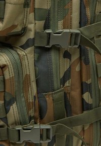 Kameršējs mugursoma ar izturīgu audumu, vairākiem rāvējslēdzēju nodalījumiem un zaļiem detaļu akcentiem. Strukturēta virsma un regulējami siksnas.