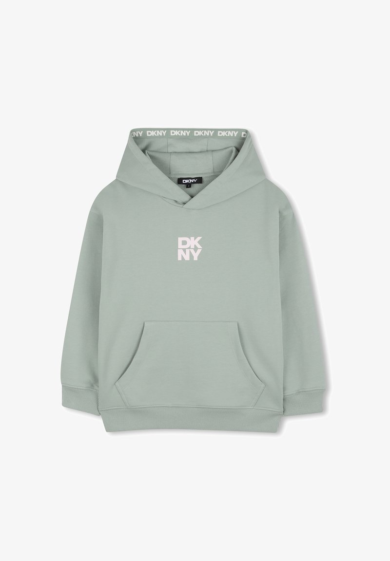 Sweat à capuche vert menthe avec poche avant, capuche à cordon de serrage et logo blanc DKNY sur la poitrine. Comprend des poignets et un ourlet côtelés. Tissu doux.
