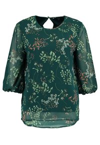 Blouse verte transparente avec imprimé floral, manches bouffantes et détail de dos en forme de clé. Présente une texture douce et un ourlet arrondi.
