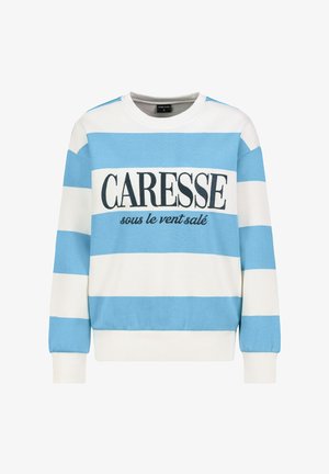 Blau-weiß gestreifter Pullover mit gerippten Bündchen und Saum. Enthält schwarzen Aufdruck mit dem Text "CARESSE sous le vent salé".