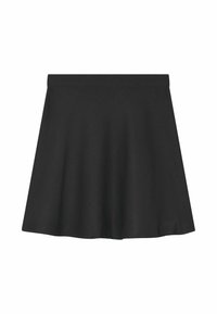 Gonna nera a ruota con superficie texturizzata. Presenta un alto girovita e una forma a A, offrendo una vestibilità ampia e una silhouette fluida.