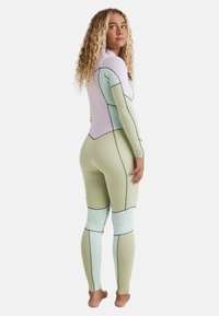 Full-body wetsuit featuring pastel colors: mint green, lavender, and blue with contrasting black stitching. Smooth texture, fitted design.