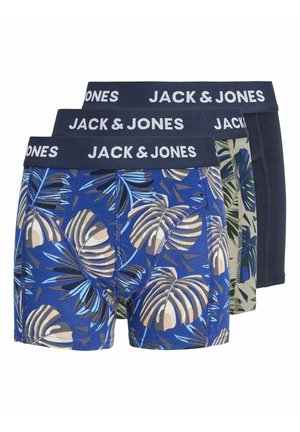Trois paires de boxers pour hommes avec une ceinture à logo Jack & Jones, comprenant deux motifs de feuilles tropicales et une paire unie foncée à l’arrière.