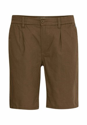 Brūni šorti, kas izgatavoti no viegla auduma, ar pogu aizdari, krokām jostasvietā un brīvu piegulšanu. Īss iekšējais šuvums, gluda tekstūra.