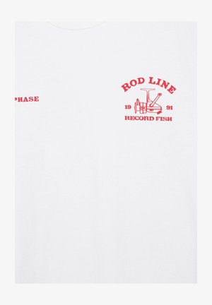 Tissu blanc avec texte rouge "ROD LINE" au-dessus d'une illustration de moulinet de pêche, "1991" sur les côtés, et "RECORD FISH" en bas à droite.