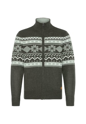 Tumši pelēkā krāsā ražota džemperis ar rāvējslēdzēju, kuram ir rakstains lente gaiši pelēkā un baltā krāsā ar dimantiem un sniegpārsliņām, adīts tekstūra un ribotas piedurknes.