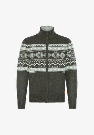 Tumši pelēkā krāsā ražota džemperis ar rāvējslēdzēju, kuram ir rakstains lente gaiši pelēkā un baltā krāsā ar dimantiem un sniegpārsliņām, adīts tekstūra un ribotas piedurknes.