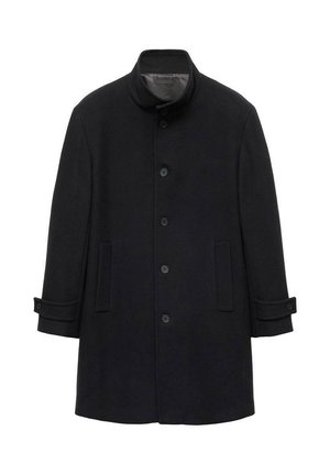 Abrigo de lana negro con un alto cuello, cierre de botones en la parte frontal, dos bolsillos laterales y puños arremangados. Textura suave con un diseño minimalista.