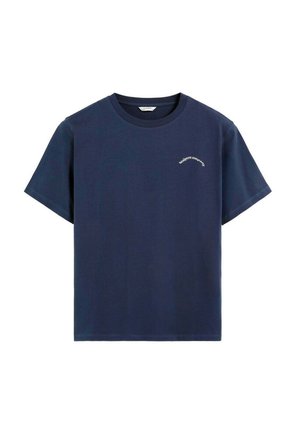 Marinefarbendes Baumwoll-T-Shirt mit Rundhalsausschnitt und kurzen Ärmeln. Besitzt ein kleines, gebogenes Logo in Weiß auf der linken Seite. Einheitliche Farbe, keine Muster.