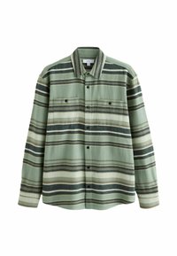 Long-sleeve button-up shirt with green, beige, and dark striped pattern and two buttoned chest pockets.