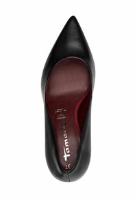Black leather high-heeled shoe with a pointed toe. Interior features a burgundy lining and visible gold branding on the insole. Size 37.