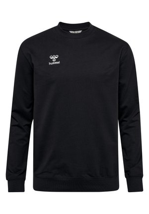 Sweatshirt preto feito de algodão, com gola redonda, mangas longas, punhos canelados e o logo "hummel" em branco no peito.