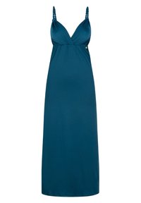 Teal ärmelloses Kleid mit tiefem V-Ausschnitt, gerafften Details an den Schultern und einem subtilen seitlichen Akzent. Glattes, leichtes Material.
