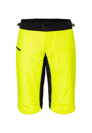 Felgekleurde geïsoleerde shorts in het geel met zwarte zijpanelen, een zwarte tailleband en een ritszak. Glad textuur, knielange stijl.