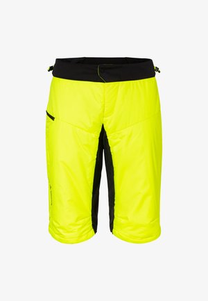 Bright yellow insulated shorts with black side panels, a black waistband, and a zippered pocket. Smooth texture, knee-length design.