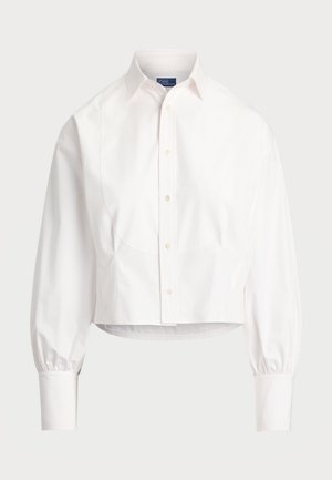 Witte korte button-up blouse van katoen. Heeft een puntige kraag, lange puffmouwen en subtiele ronde naden. Klassiek ontwerp.