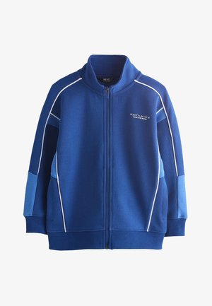 Barn med krøllet hår iført en blå lynlåstrøje og matchende shorts med hvide sneakers og stribede sokker.