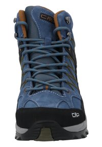 Hiking boots in blue suede and mesh with black rubber soles. Features brown accents, reinforced eyelets, and a textured surface for grip.